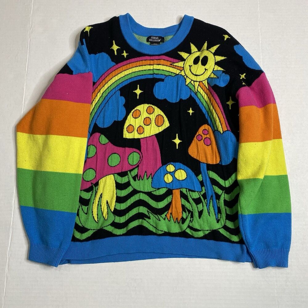 Social Collision Psychedelic Rainbow Knit Sweater XL